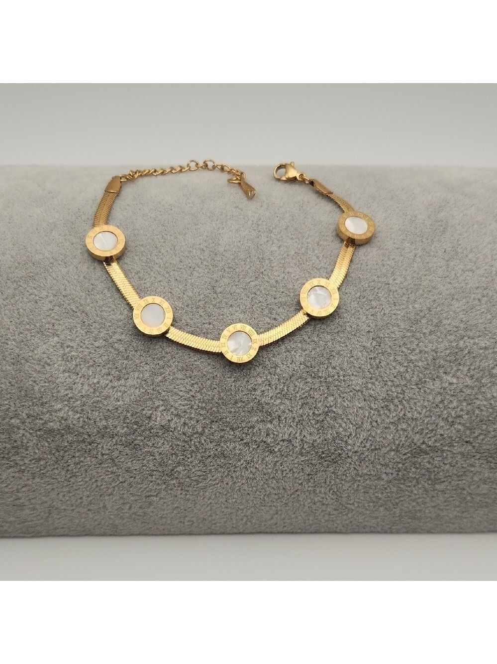 18K Gold Plated Pearl White Circle Bracelet, Roman Numerals, Stainless Steel